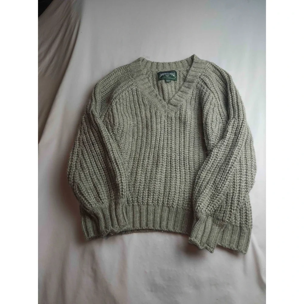 American Eagle Sweater Womens Medium Green V-Neck Knit Pullover Textured Chunky